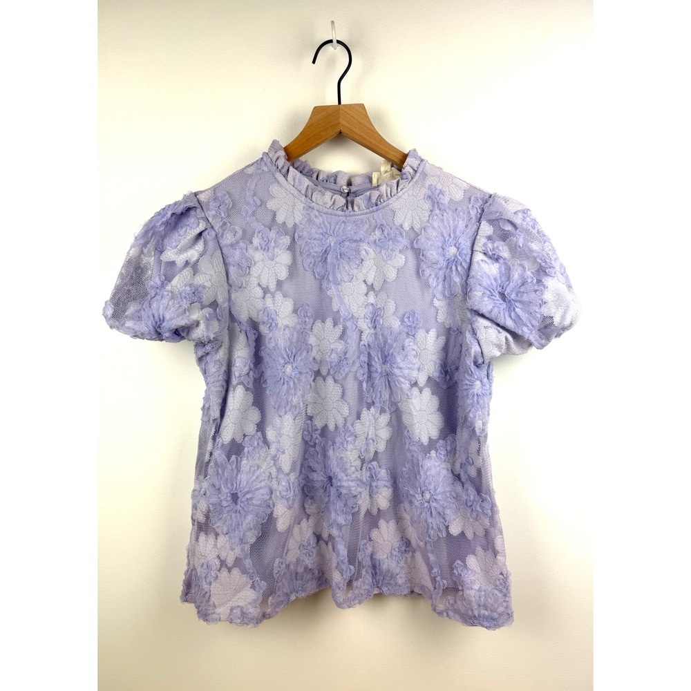 52seven Floral Lace Puff Sleeve Top Ruffle Mock‎ Neck Lavender White Sz L